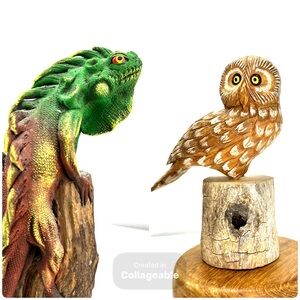 Hand Carved Wooden Owl Iguana sculptures